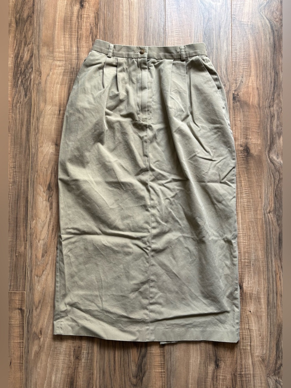 Vintage 90s JHC Khaki Cotton Pleated High Waist Maxi Skirt Back Slit Size 10